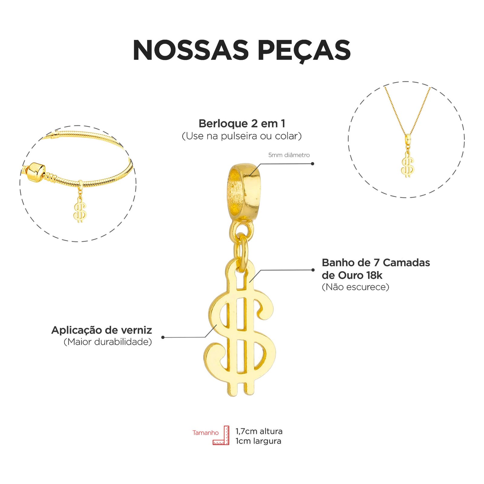 Colar Pingente Cifrão Banhado a Ouro 18k