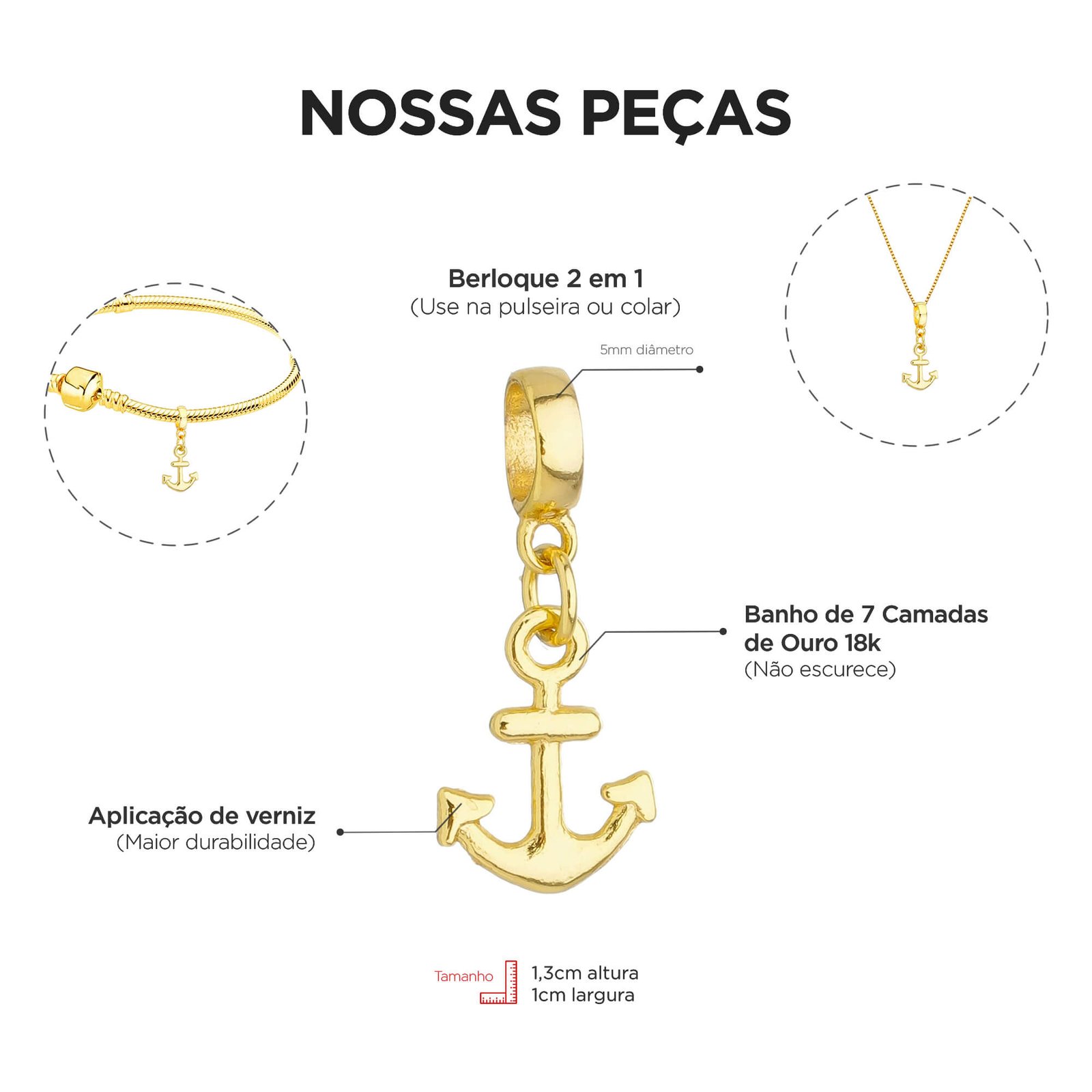 Colar Pingente Âncora Banhado a Ouro 18k