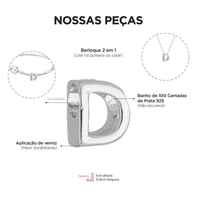 Colar Pingente Letra D Banhado a Prata 925