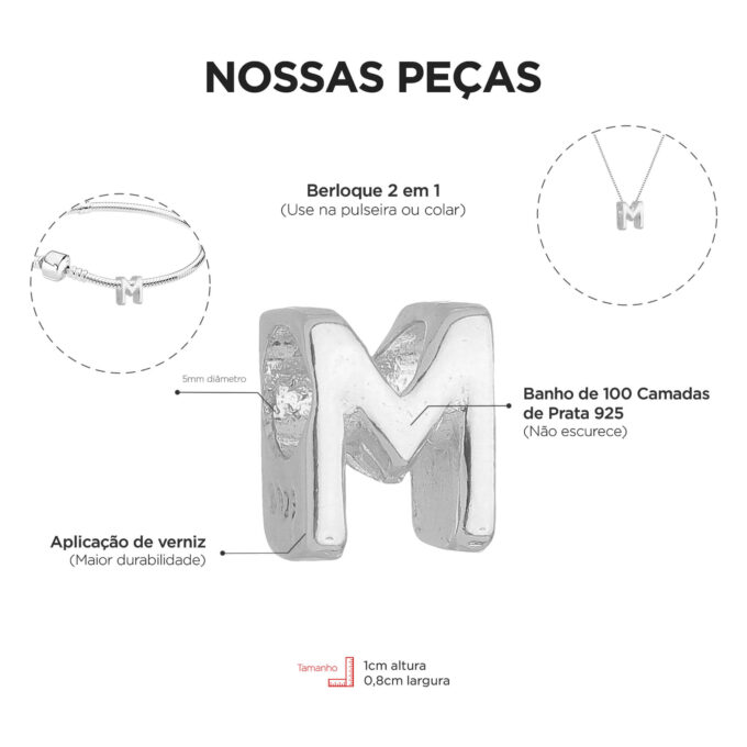 Colar Pingente Letra M Banhado a Prata 925