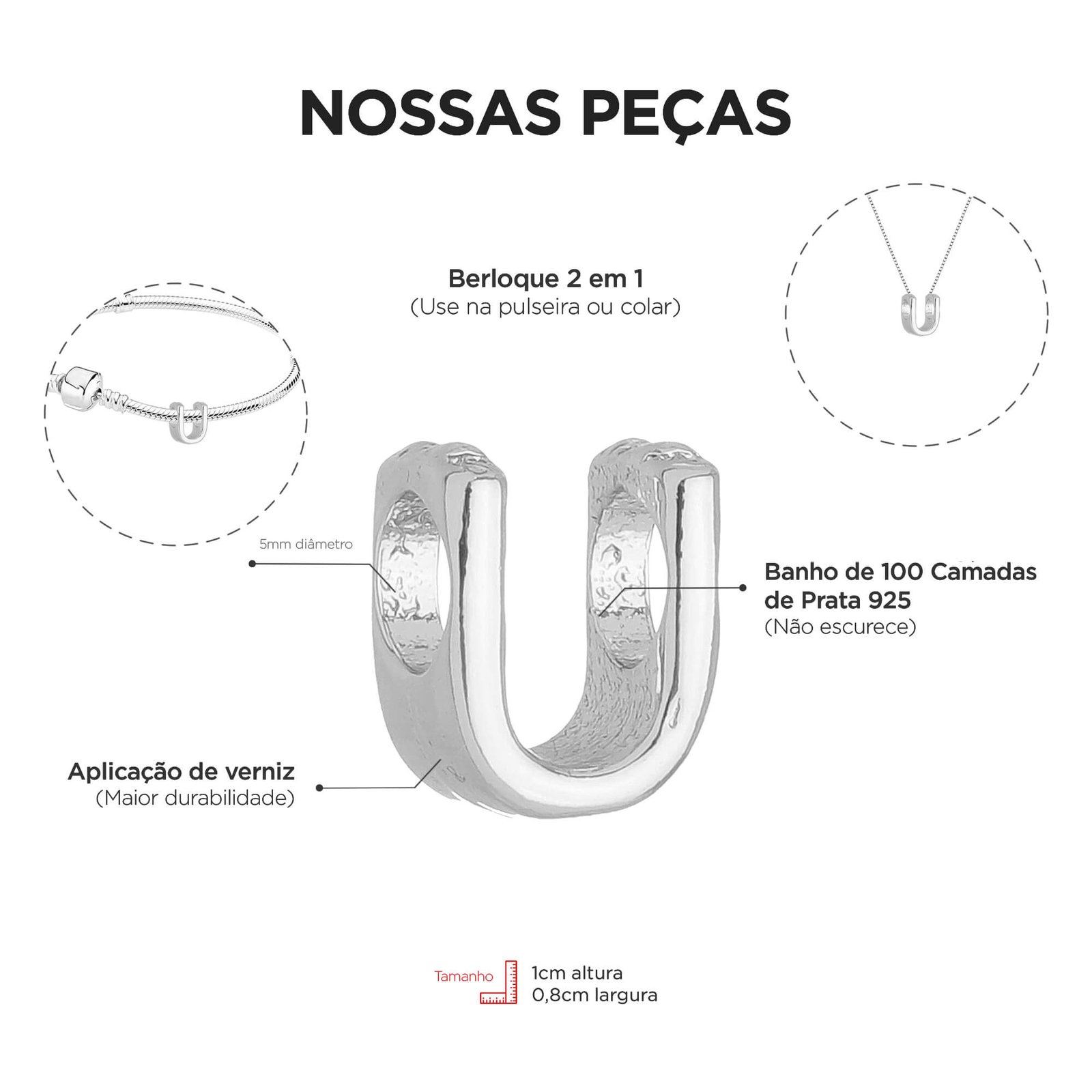 Colar Pingente Letra U Banhado a Prata 925