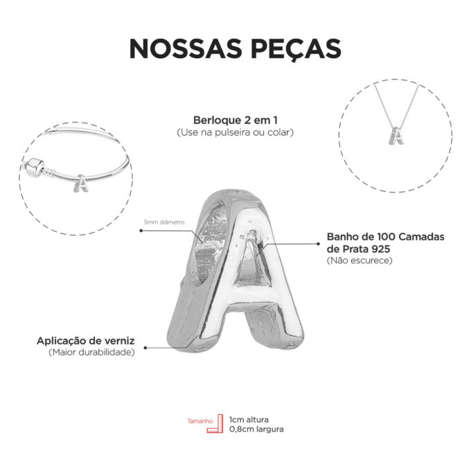 Berloque Letras de A-Z Alfabeto Separador Banhado a Prata 925