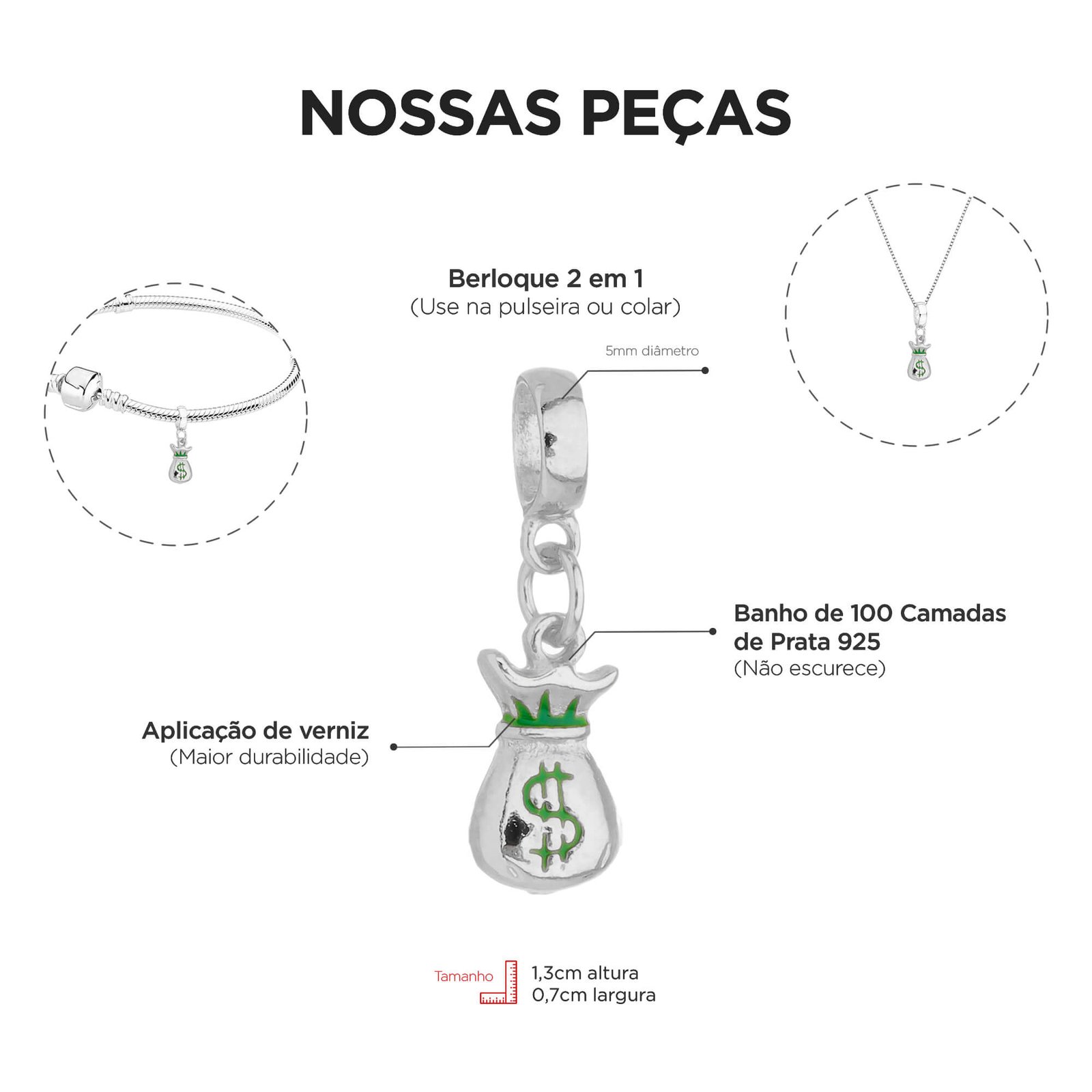 Berloque Saco de Dinheiro Banhado a Prata 925