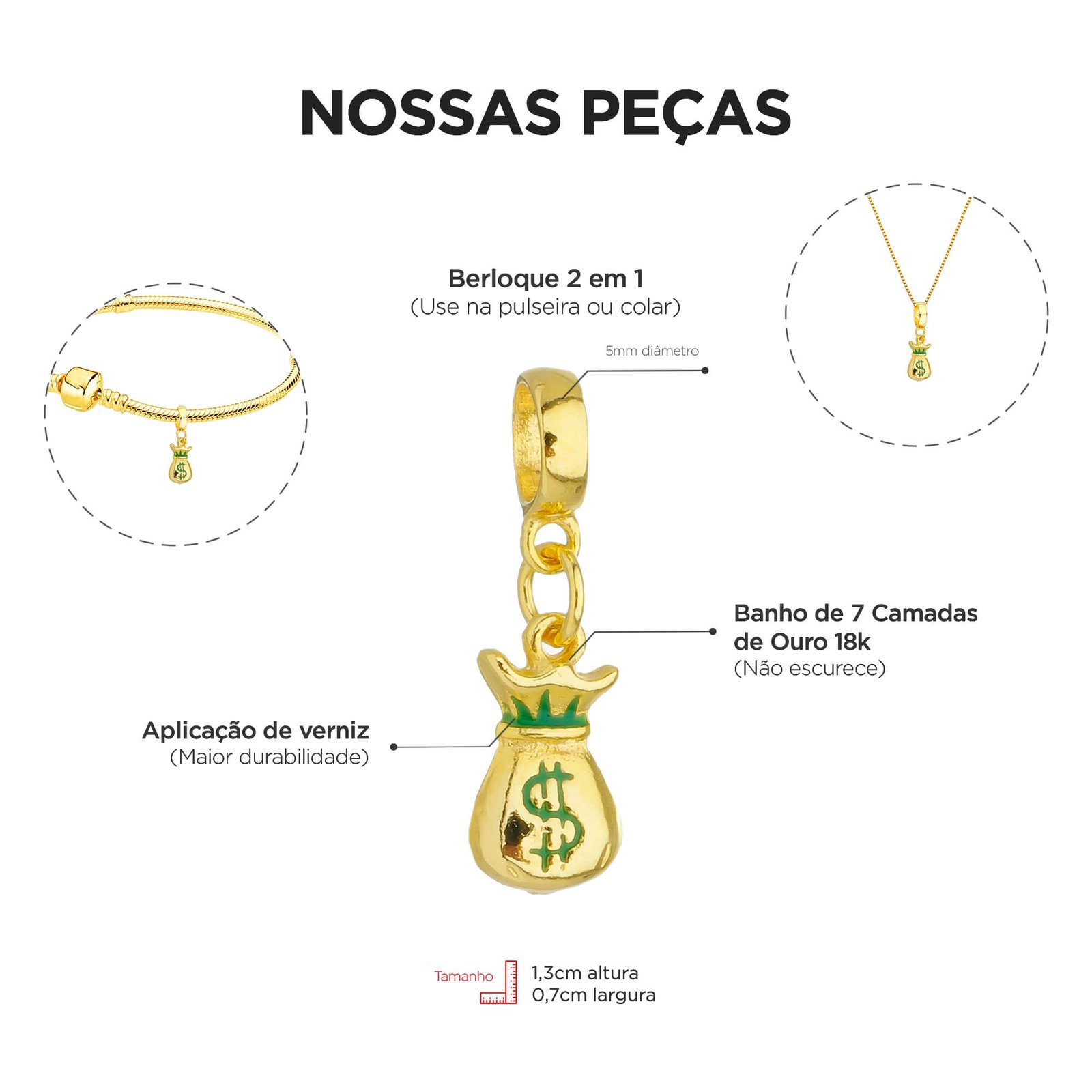 Berloque Saco de Dinheiro Banhado a Ouro 18k