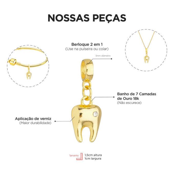 Berloque Dente Odontologia Banhado a Ouro 18k
