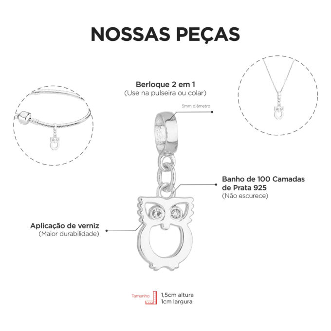 Berloque Coruja Strass Banhado a Prata 925
