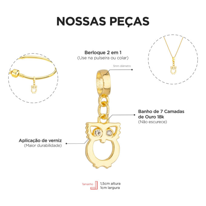 Berloque Coruja Strass Banhado a Ouro 18k
