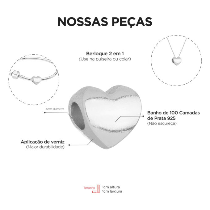 Berloque Coração Separador Banhado a Prata 925