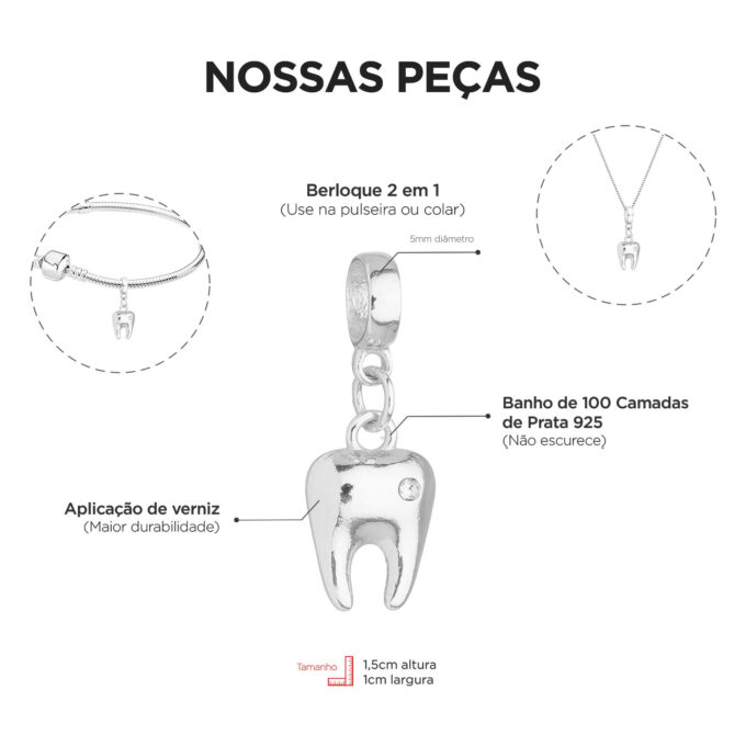 Berloque Dente Odontologia Banhado a Prata 925