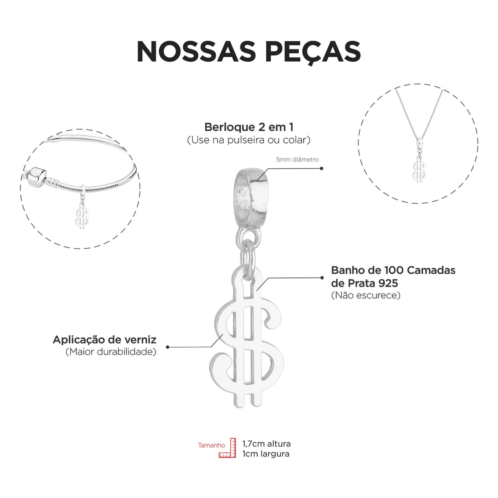 Berloque Cifrão Dinheiro Banhado a Prata 925
