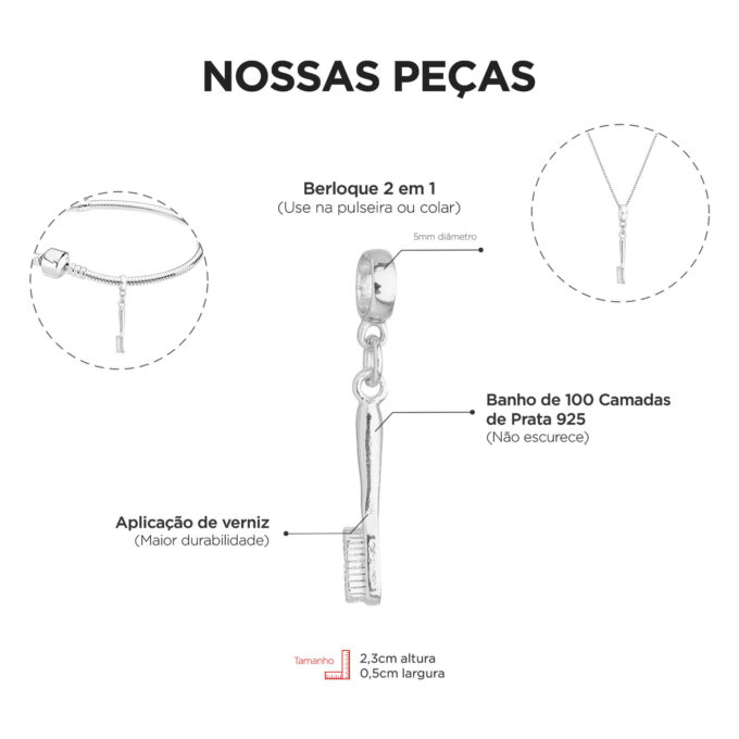 Berloque Escova de Dente Banhado a Prata 925