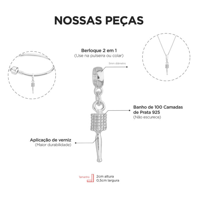 Berloque Escova De Cabelo Banhado a Prata 925