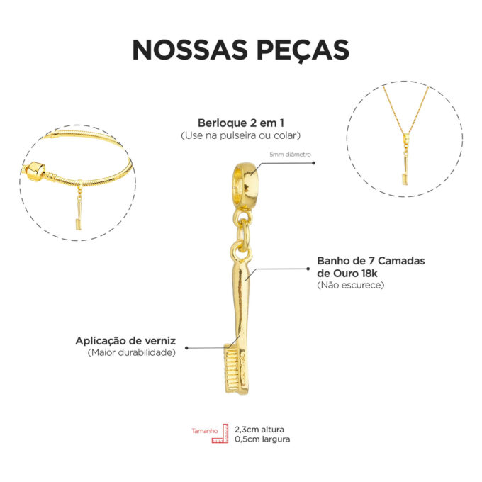 Berloque Escova de Dente Banhado a Ouro 18k
