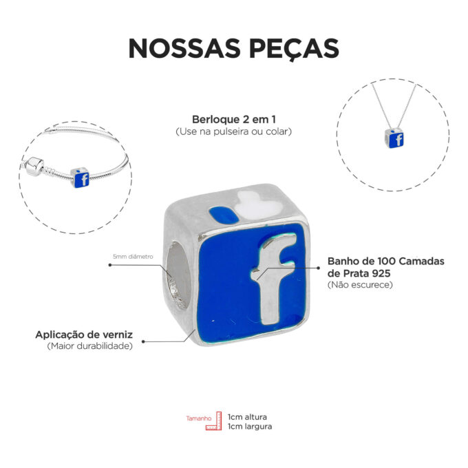 Berloque Facebook Separador Banhado a Prata 925