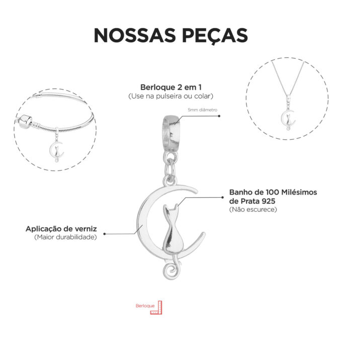 Berloque Gato na Lua Banhado a Prata 925