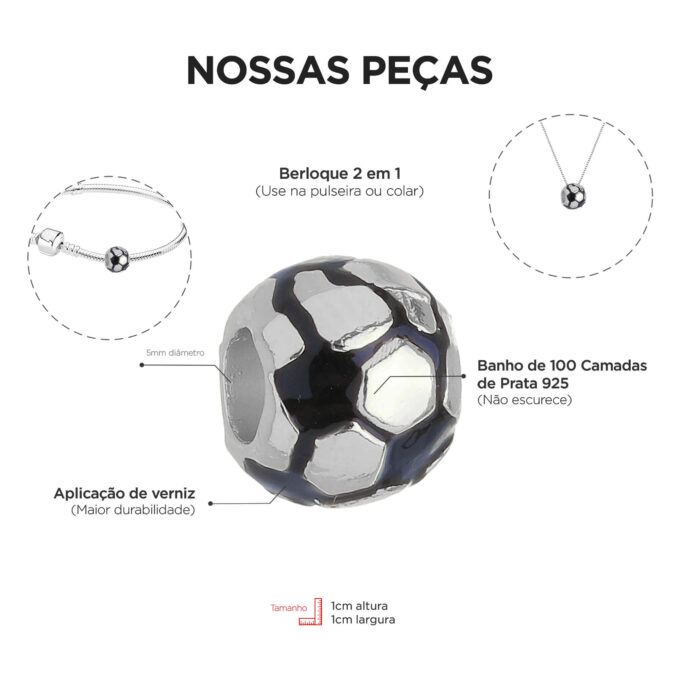 Berloque Bola de Futebol Separador Banhado a Prata 925