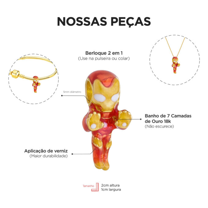 Berloque Homem de Ferro Separador Banhado a Ouro 18k