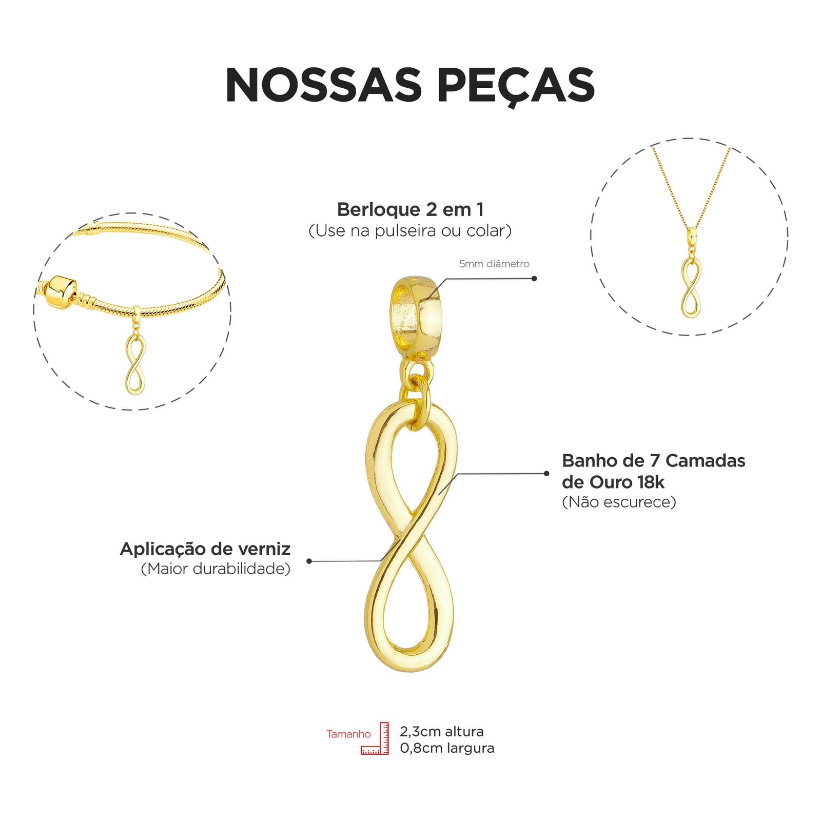 Berloque Símbolo do Infinito Banhado a Ouro 18k