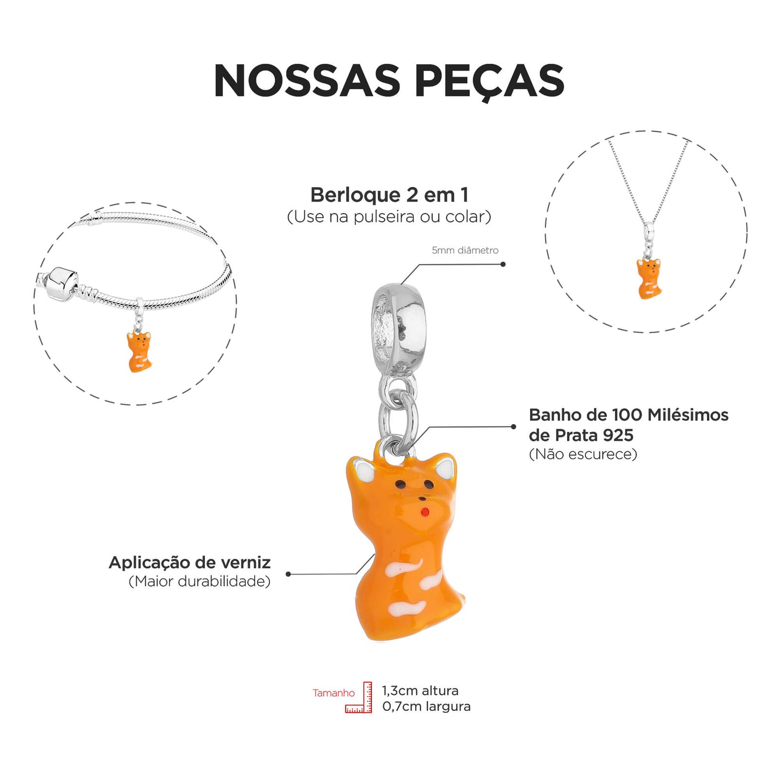 Berloque Gato Laranja Banhado a Prata 925