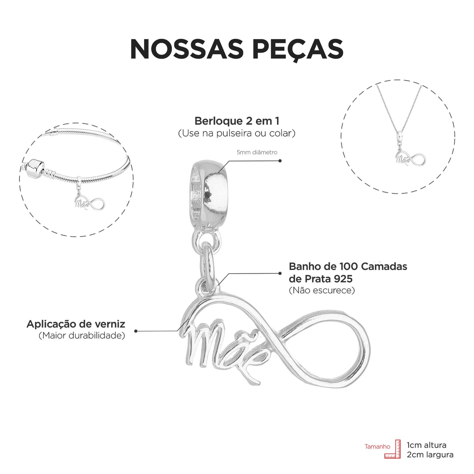 Berloque Símbolo Infinito Mãe Banhado a Prata 925