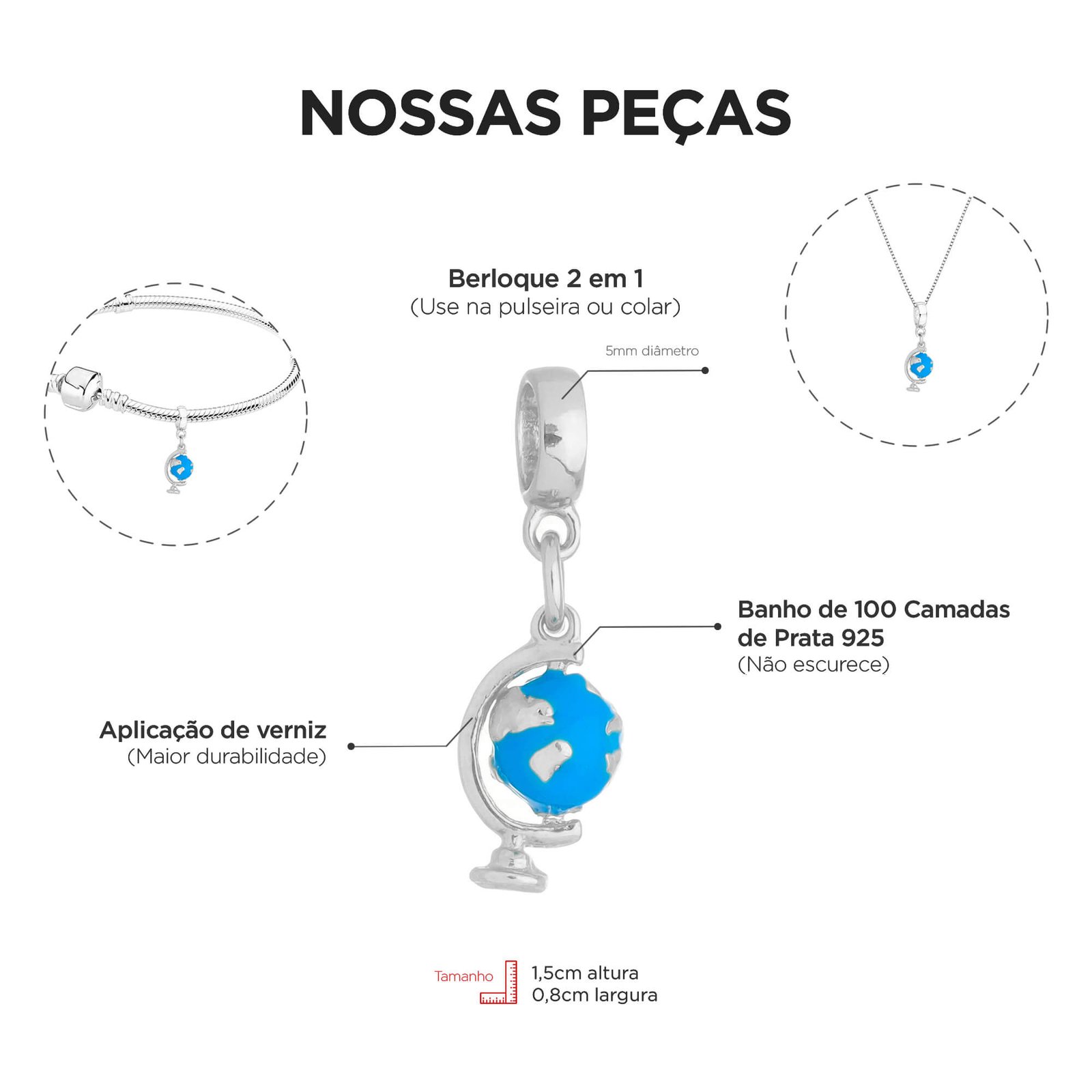Berloque Globo Terrestre Banhado a Prata 925