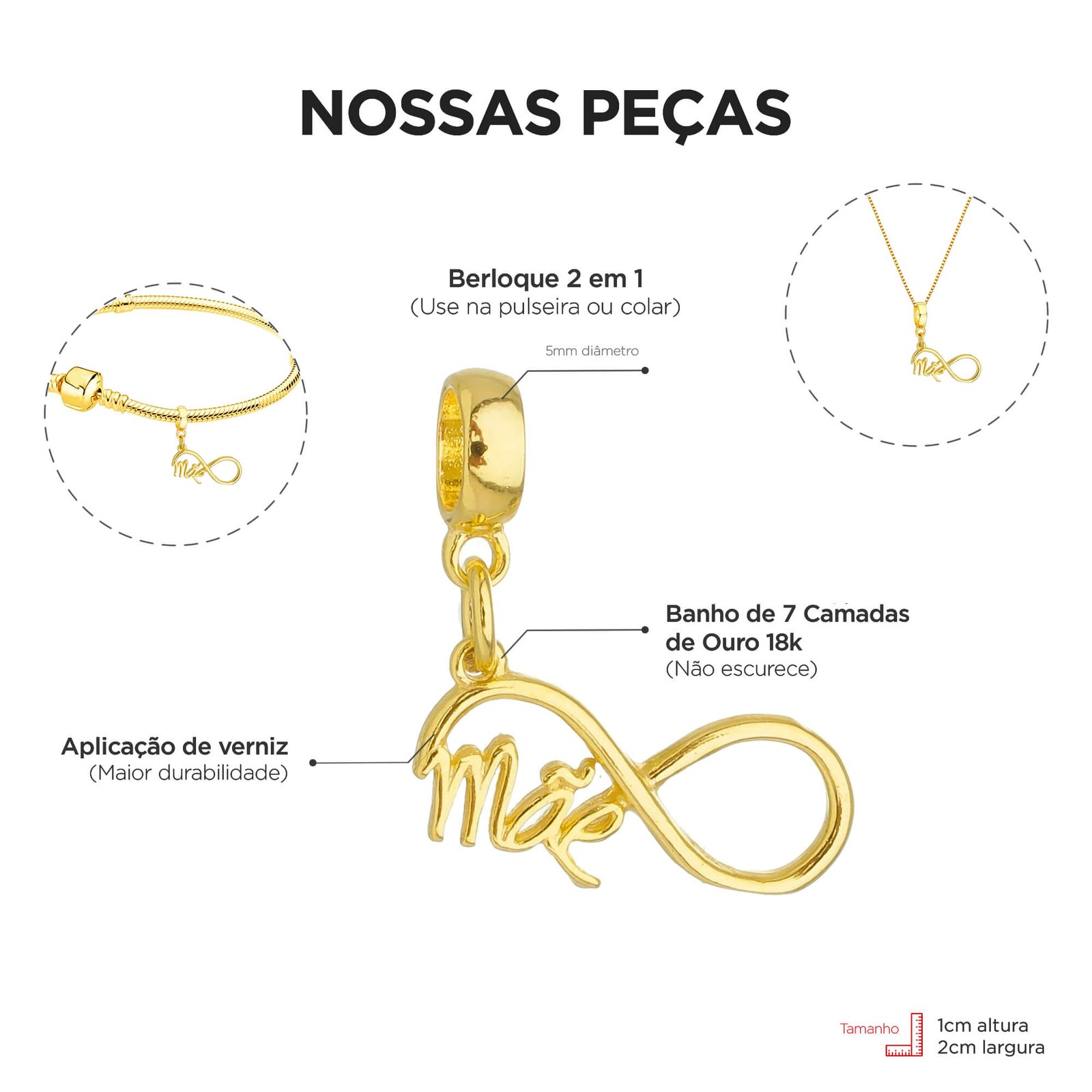 Berloque Símbolo Infinito Mãe Dourado Banhado a Ouro 18k