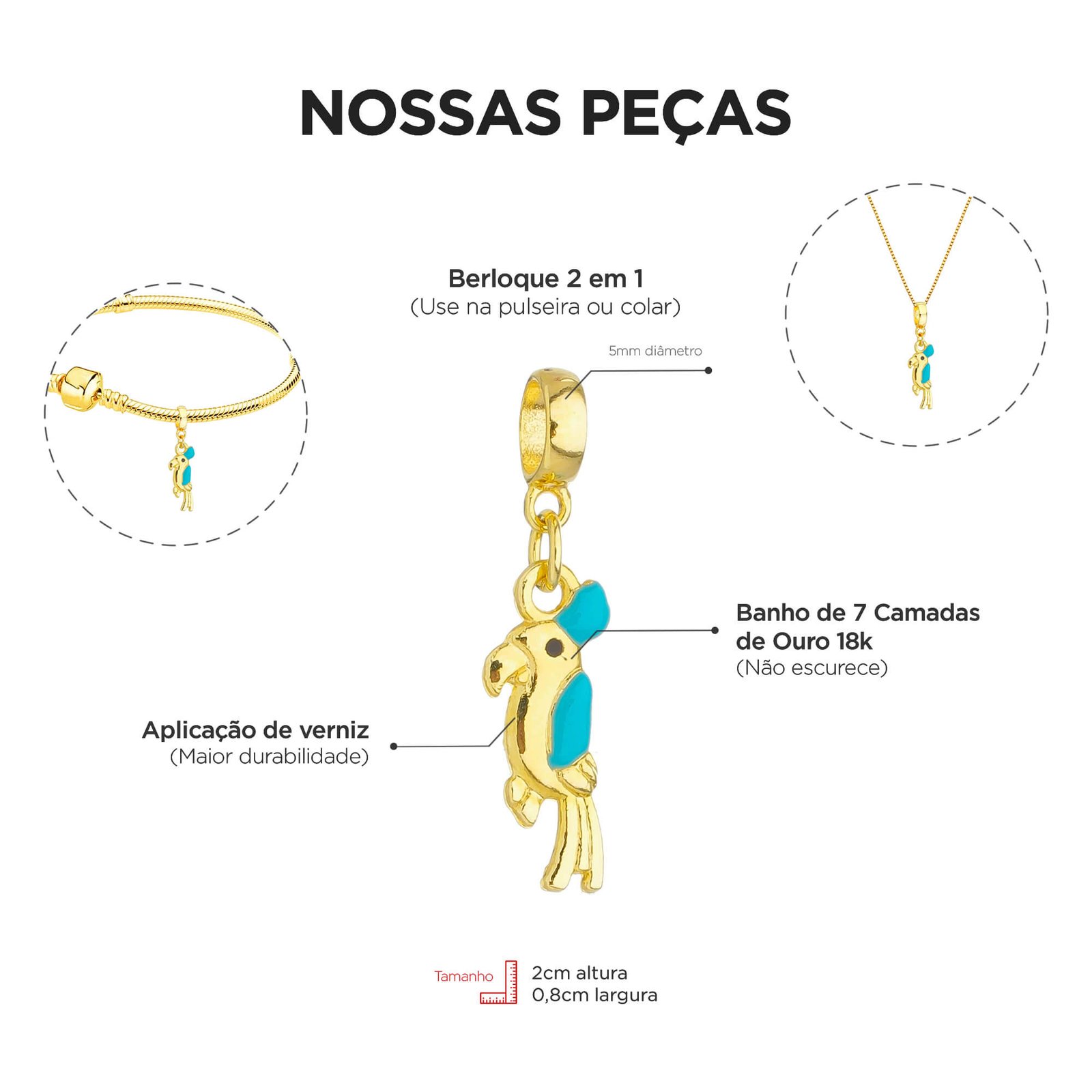 Berloque Pássaro Papagaio Banhado a Ouro 18k