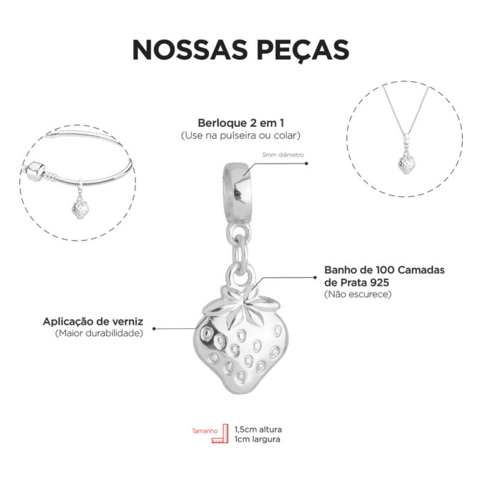 Berloque Morango Fruta Banhado a Prata 925