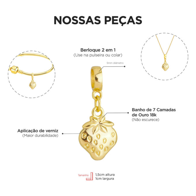 Berloque Morango Fruta Banhado a Ouro 18k