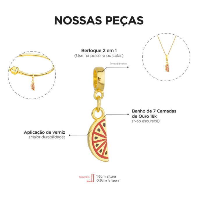 Berloque Melancia Fruta Banhado a Ouro 18k