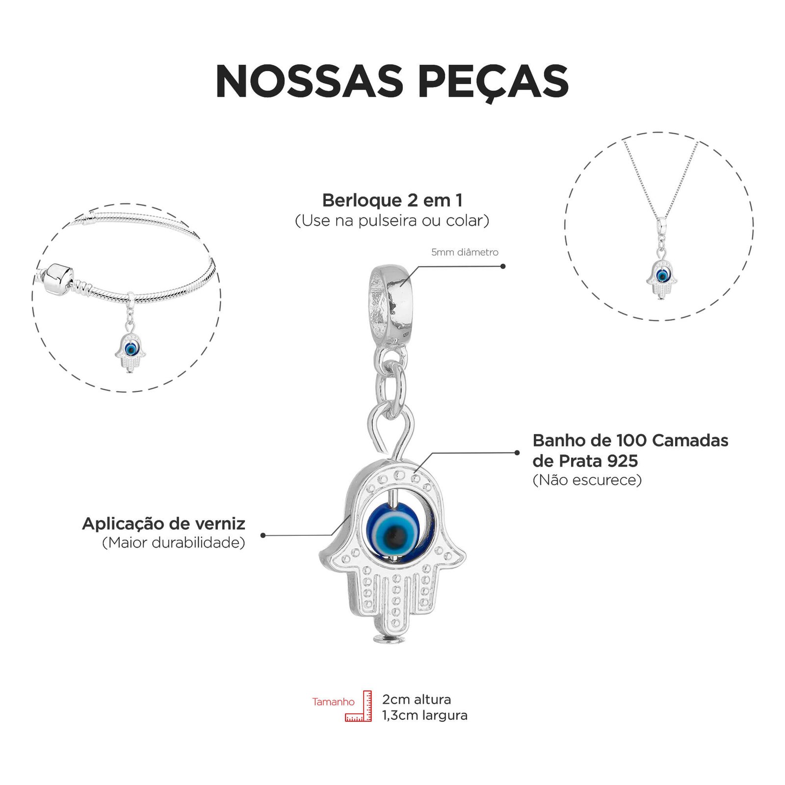 Berloque Mão Hamsa Olho Grego Banhado a Prata 925