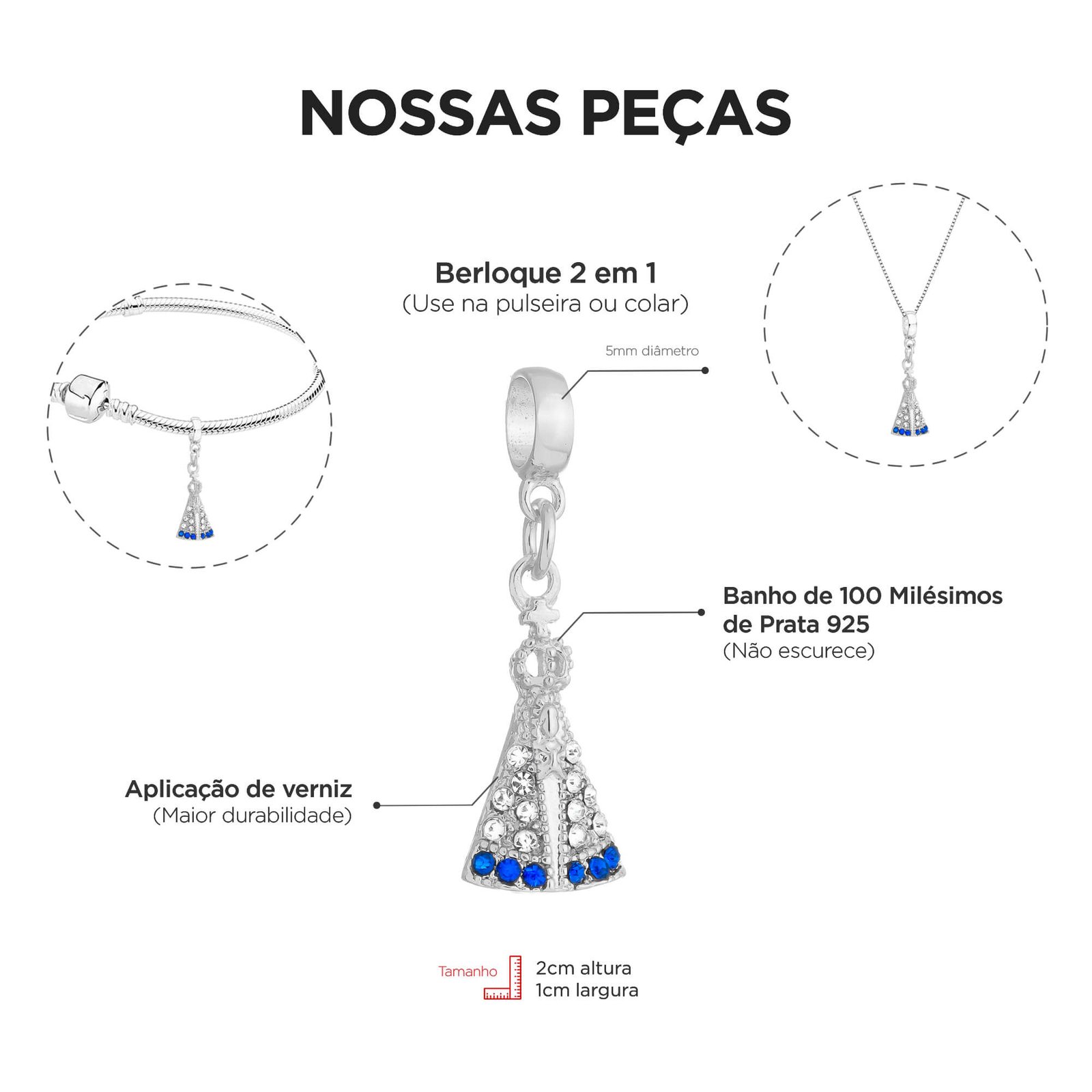Berloque Nossa Senhora Aparecida Religioso Banhado a Prata 925