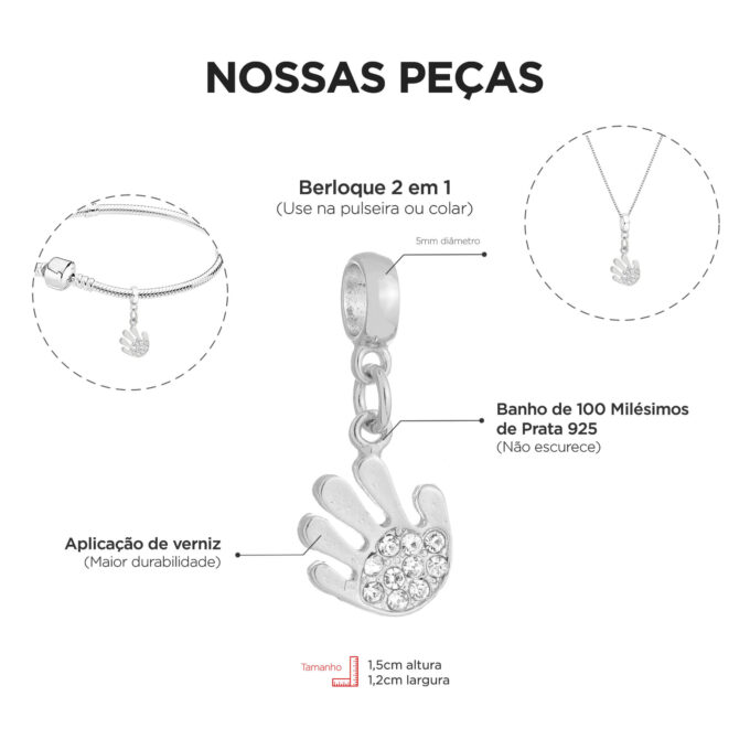 Berloque Mão Manicure Banhado a Prata 925
