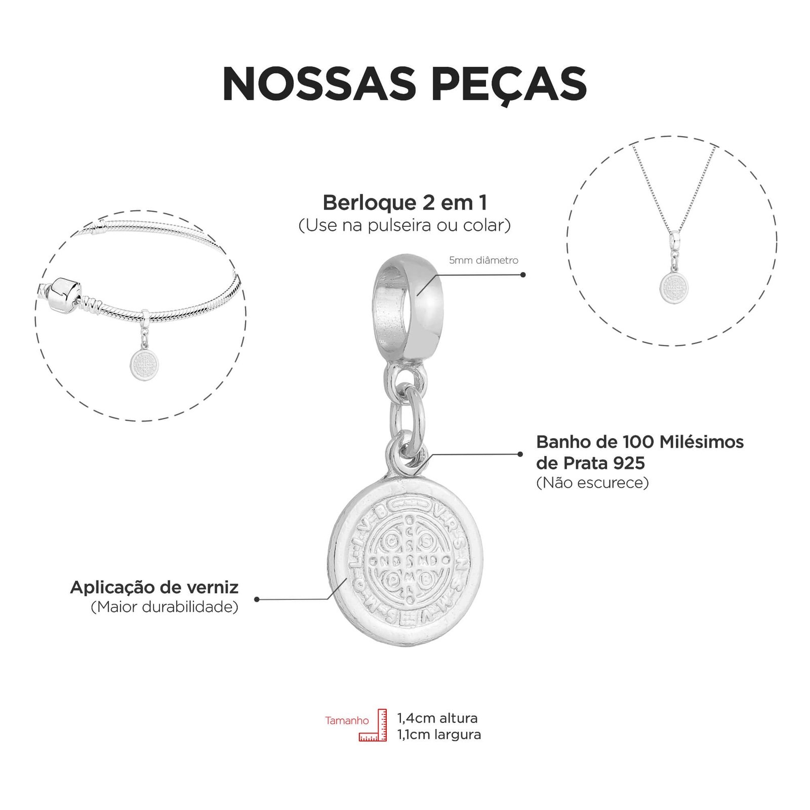 Berloque Medalha de São Bento Banhado a Prata 925