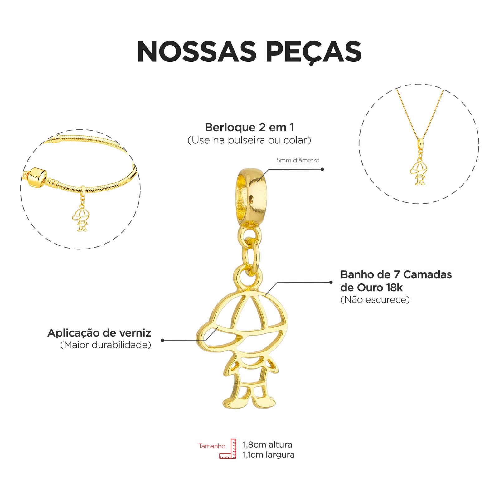 Berloque Menino Vazado Filho Banhado a Ouro 18k