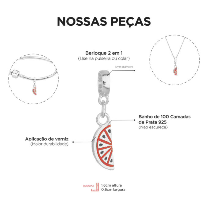 Berloque Melancia Fruta Banhado a Prata 925