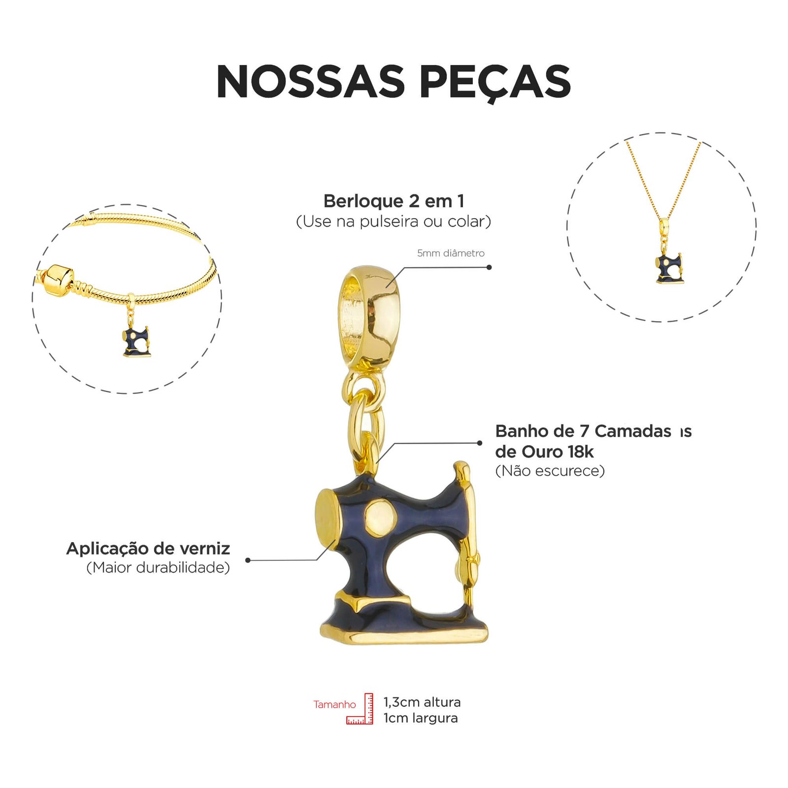 Berloque Máquina de Costura Banhado a Ouro 18k