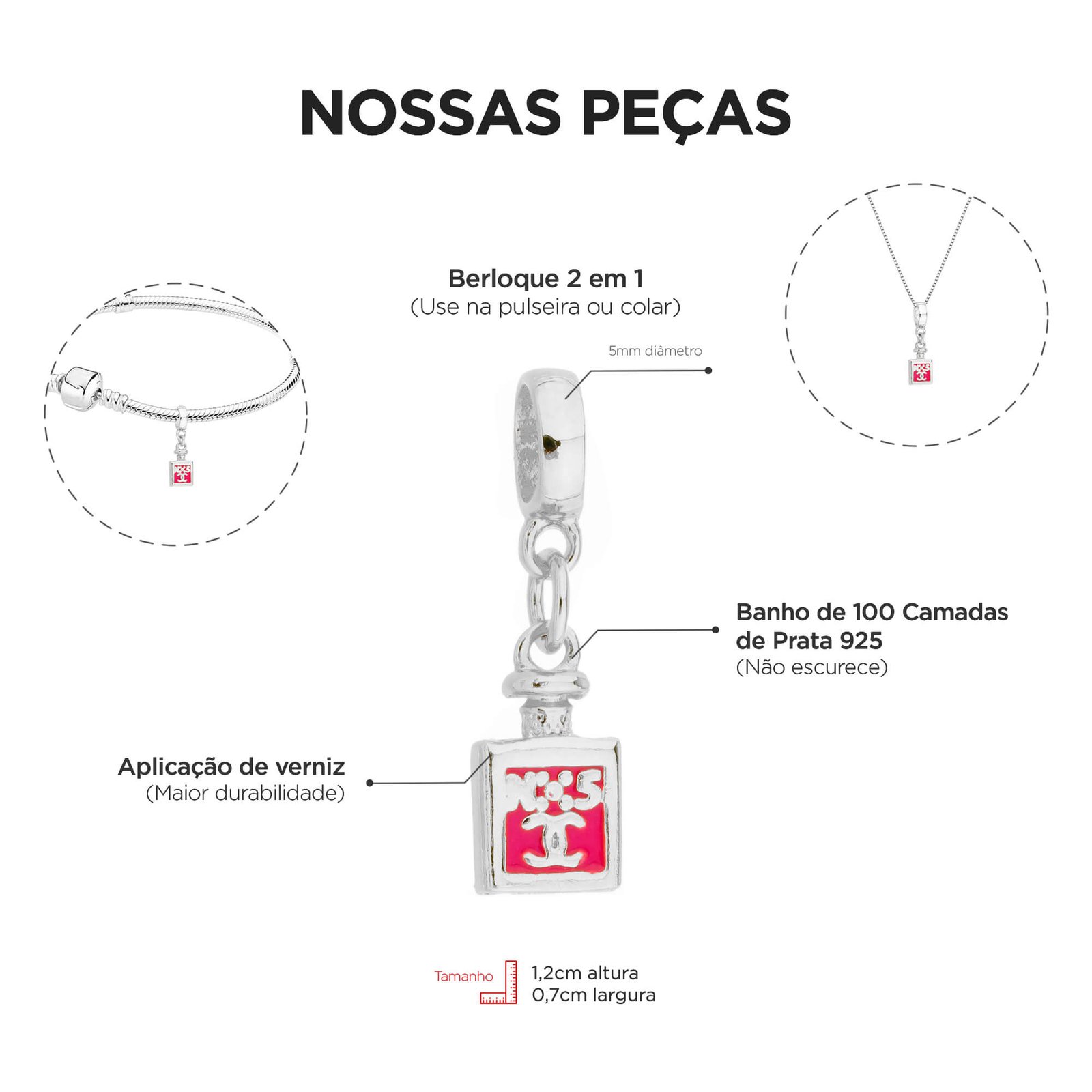 Berloque Perfume Banhado a Prata 925