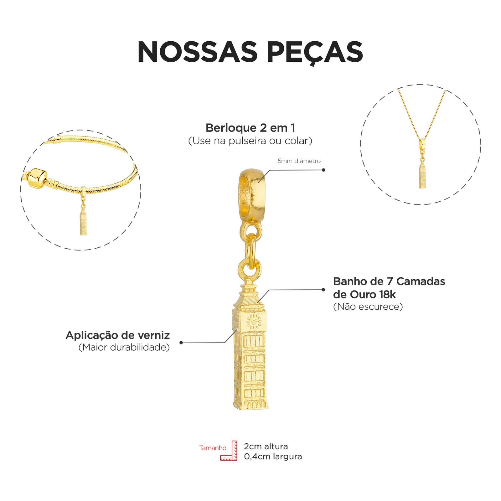 Berloque Relógio Big Ben Banhado a Ouro 18k