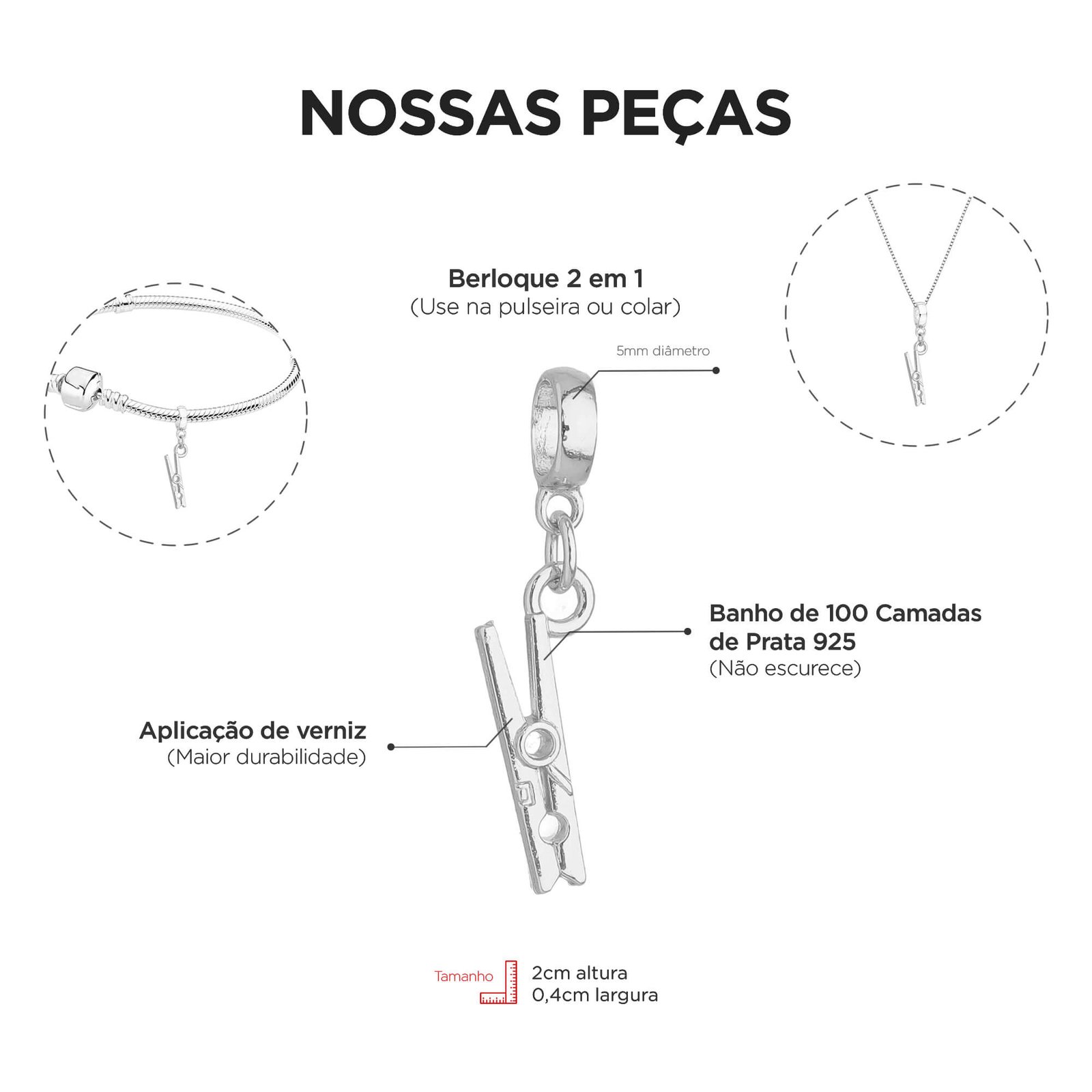 Berloque Pregador Roupa Banhado a Prata 925