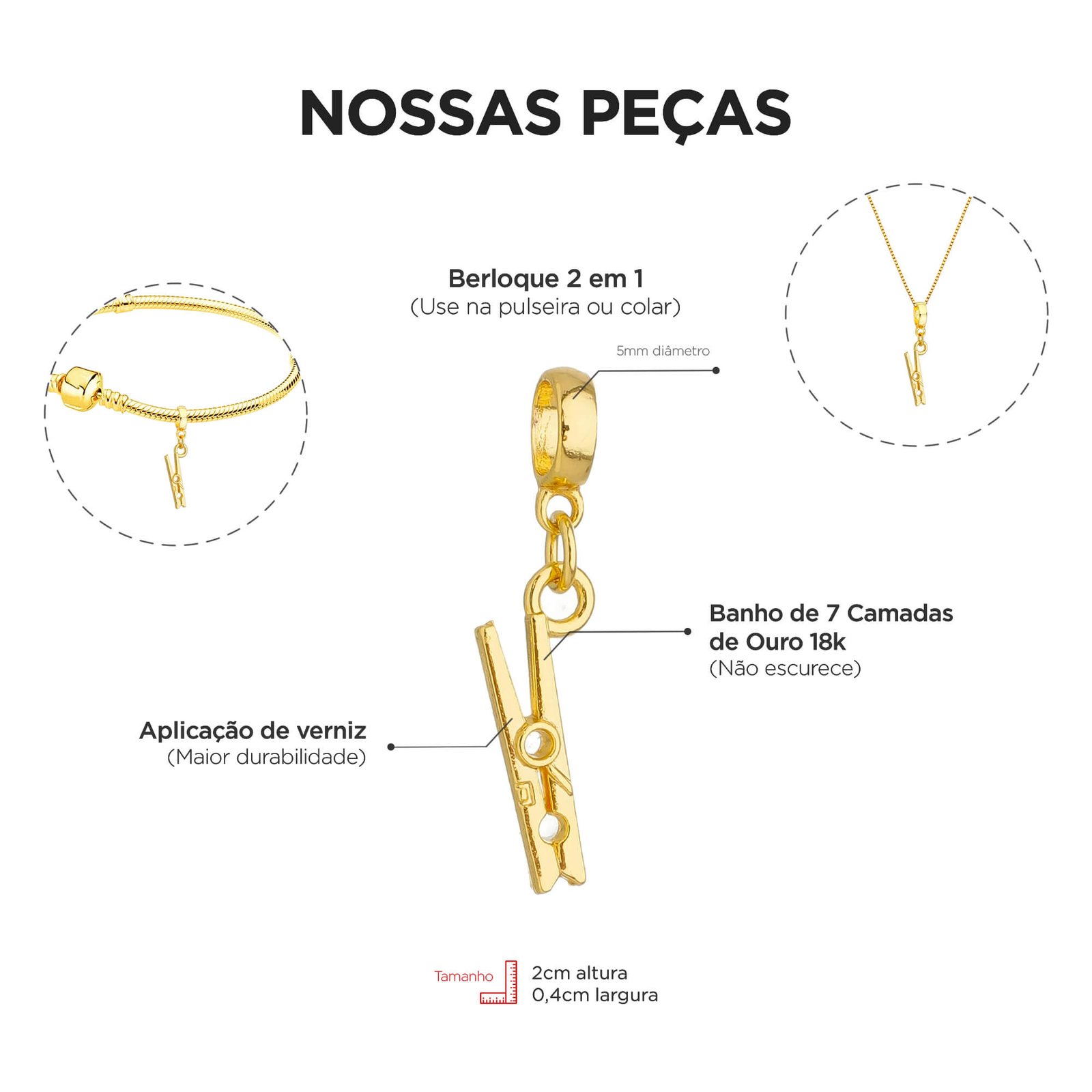 Berloque Pregador Roupa Banhado a Ouro 18k