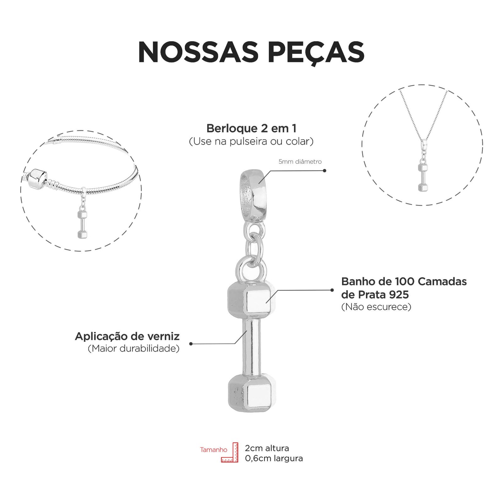 Berloque Peso Academia Banhado a Prata 925