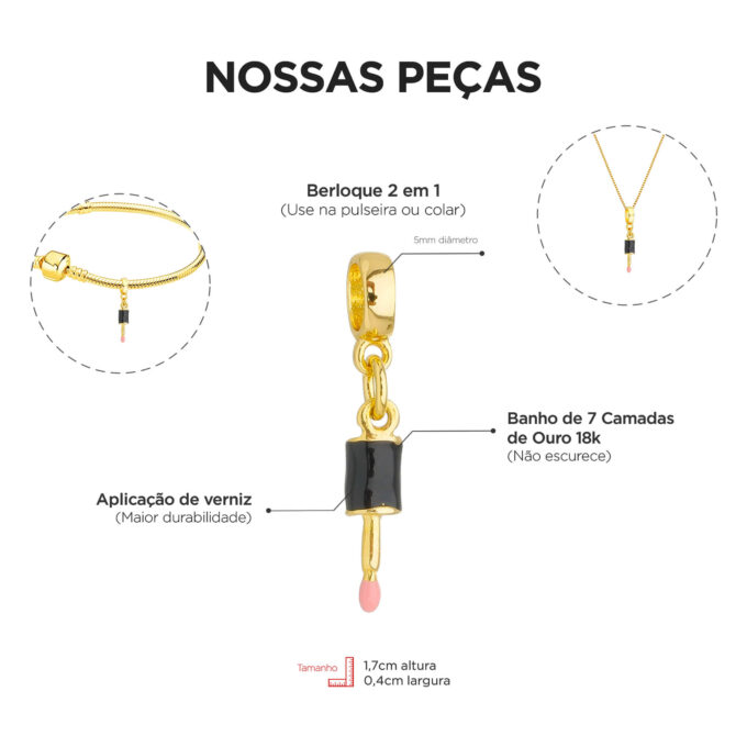 Berloque Pincel de Maquiagem Banhado a Ouro 18k