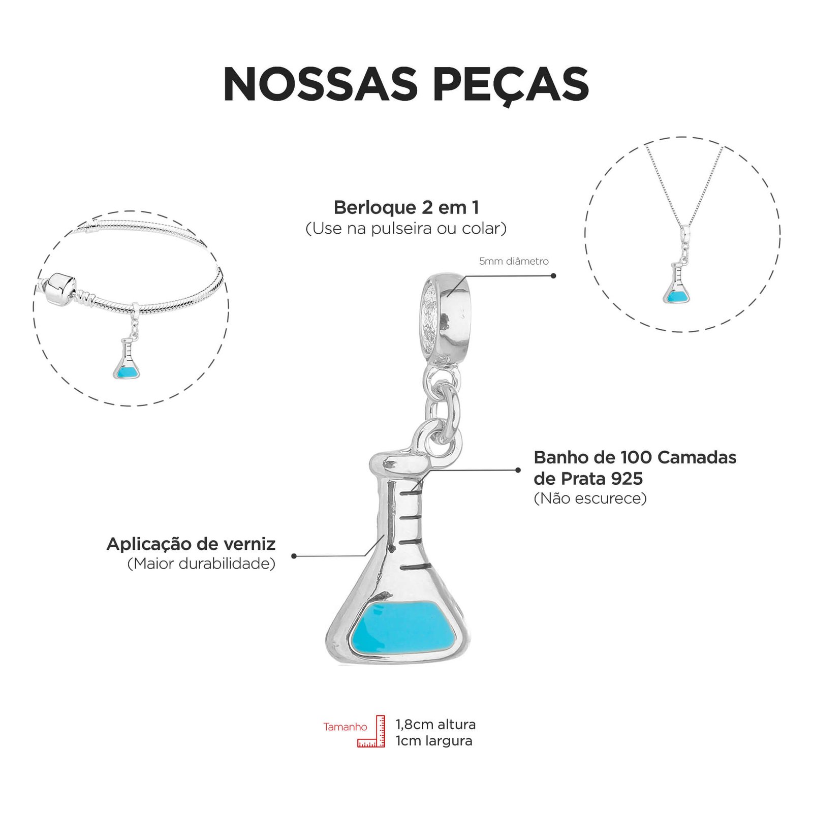 Berloque Erlenmeyer Química Banhado a Prata 925