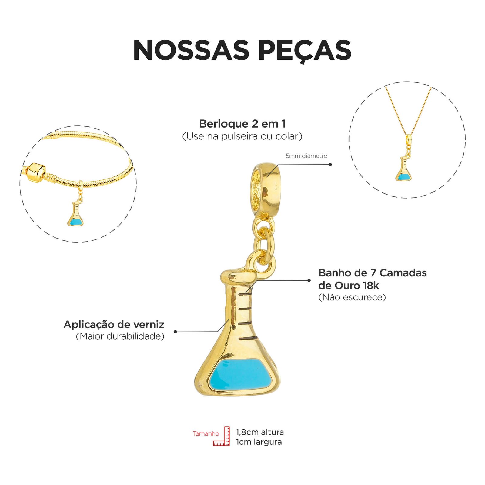 Berloque Erlenmeyer Química Banhado a Ouro 18k