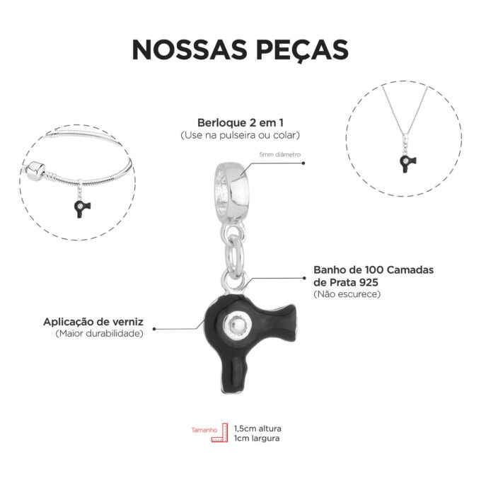 Berloque Secador De Cabelo Banhado a Prata 925