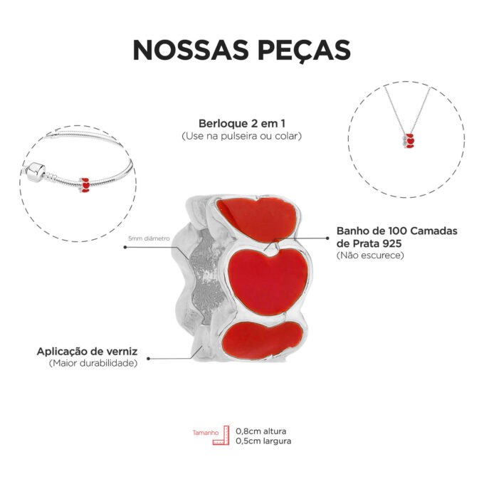 Berloque Corações Separador Banhado a Prata 925