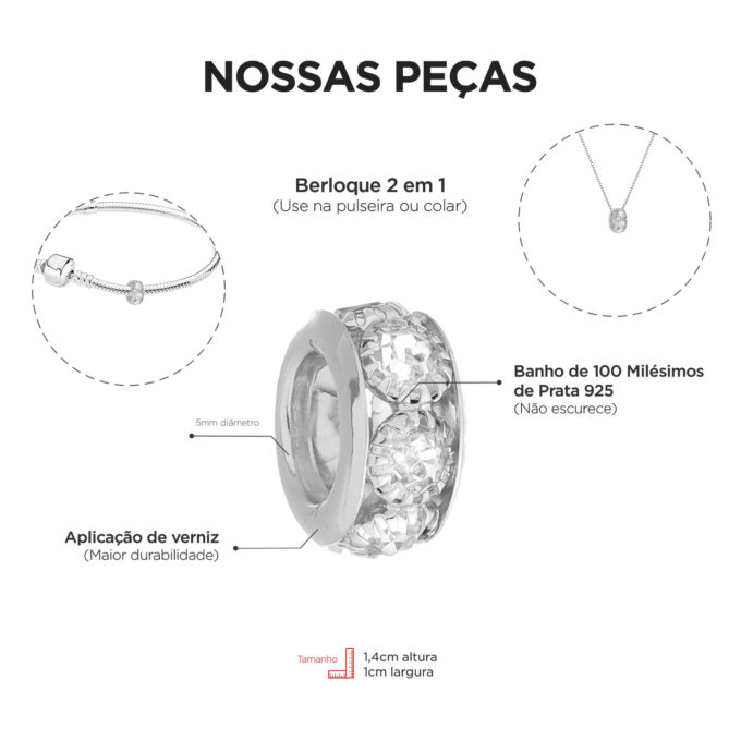 Berloque Separador Strass Cristal Banhado a Prata 925