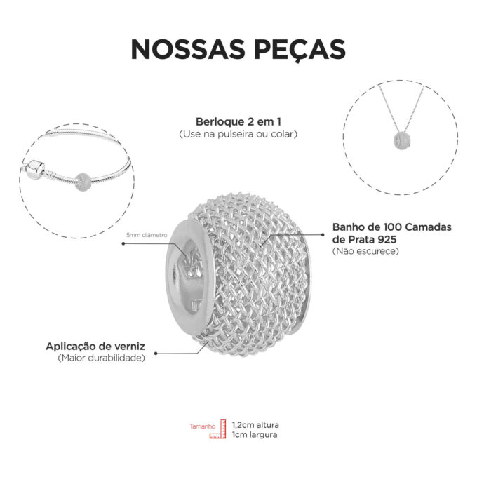 Berloque Separador Murano Telinha Banhado a Prata 925