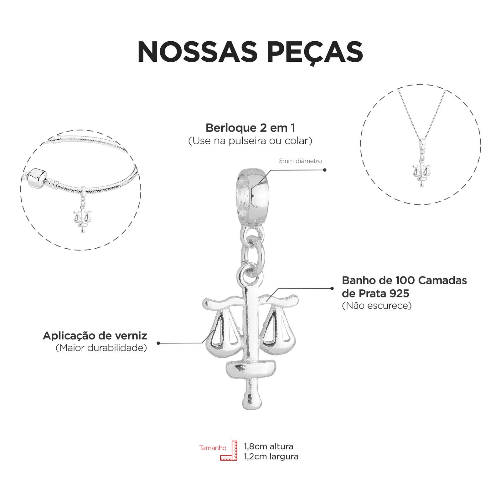 Berloque Profissão Direito Advogada Banhado a Prata 925